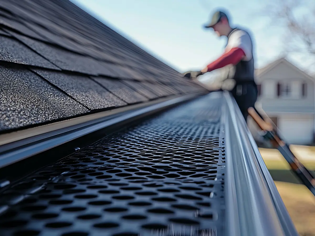 Gutter guard from GutterRX covered with autumn leaves, installed on a house gutter, demonstrating its effectiveness in blocking debris while ensuring proper drainage.