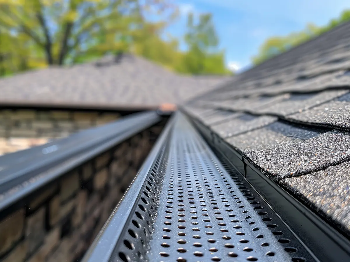 Gutter guard from GutterRX covered with autumn leaves, installed on a house gutter, demonstrating its effectiveness in blocking debris while ensuring proper drainage.