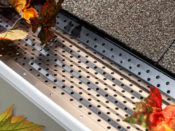 Close-up of GutterRx™ gutter guard system with perforated surface catching falling leaves, showcasing its effectiveness in leaf protection.