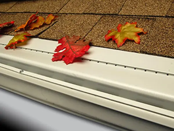 LeafProof™ gutter guard system installed on a roof gutter, displaying its smooth design that prevents leaves from entering while allowing water flow