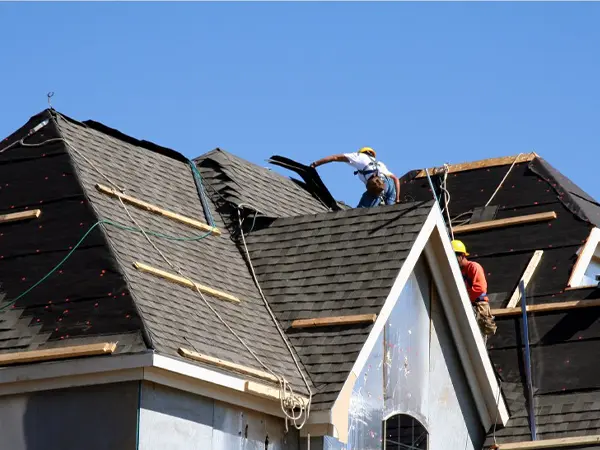 Roofing contractors installing a new asphalt shingle roof on a residential home under clear skies