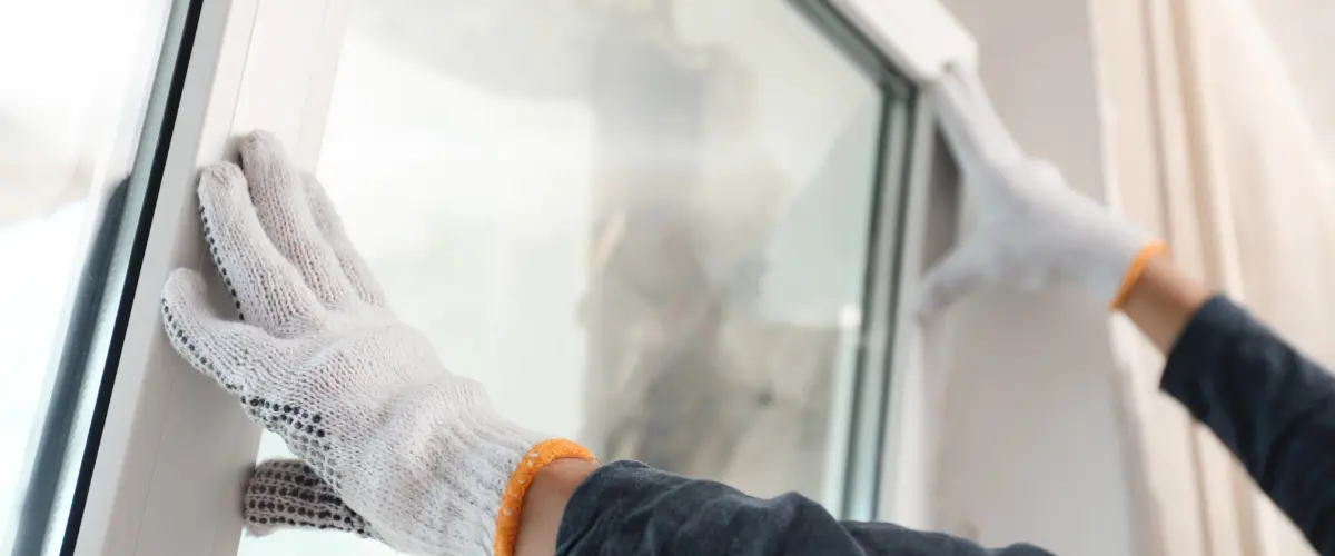 Close-up of gloved hands adjusting a newly installed window frame for a precise fit and improved insulation.