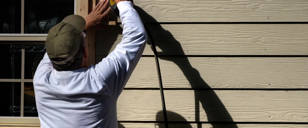 A worker wearing a cap and white long-sleeved shirt installing exterior siding on a house