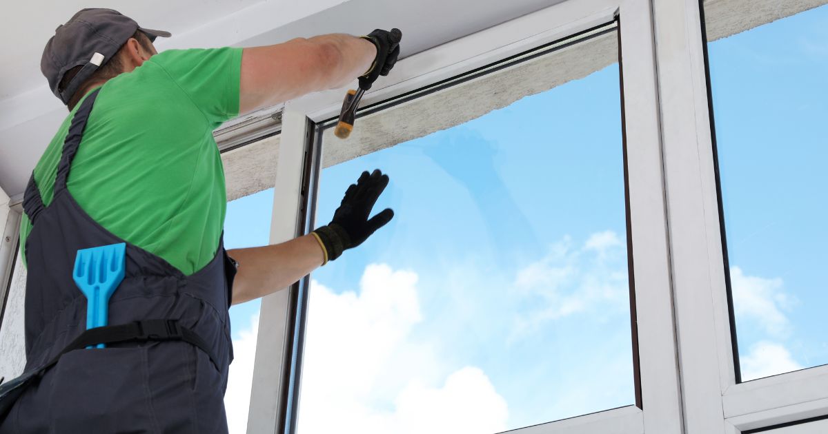 A worker in a green shirt and gloves installing a window frame with a hammer, ensuring a secure fit against a bright blue sky