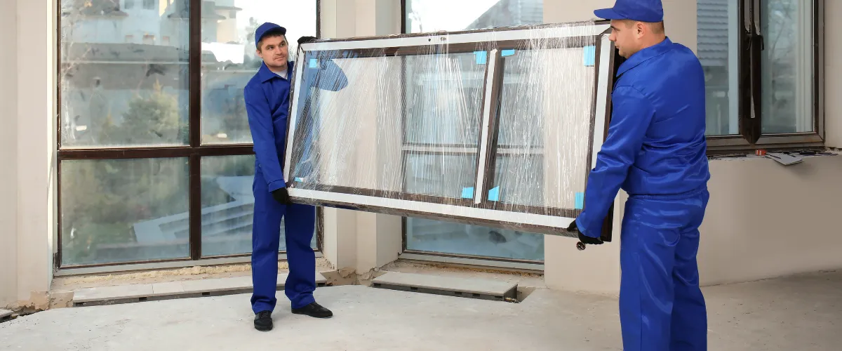 Two workers in blue uniforms carrying a large, packaged window inside a construction site.