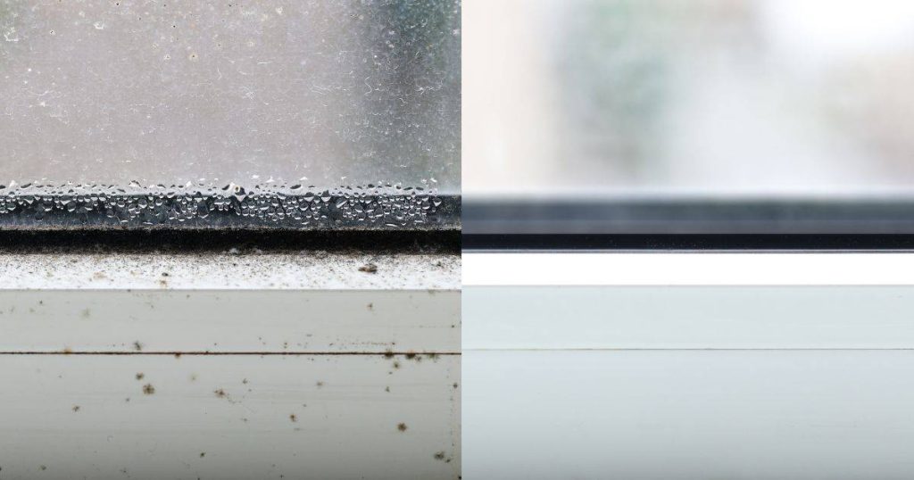 Before-and-after comparison of moldy vs. cleaned window track and sill