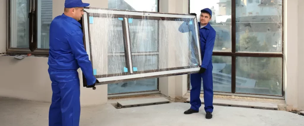 Two window installation technicians carrying a new window into a Council Bluffs, IA home