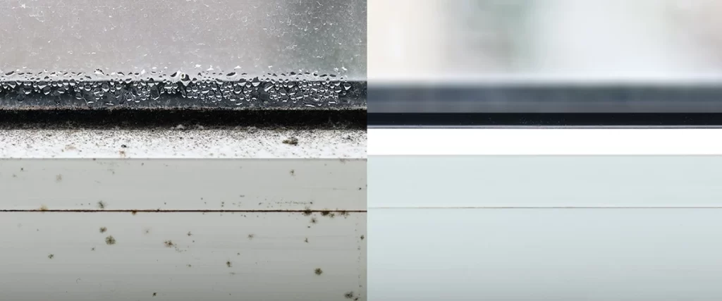 Side-by-side comparison of moldy, foggy window frame vs cleaned, clear frame in a Kansas City home.