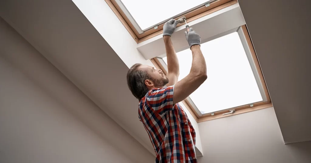 Technician adjusting skylight window frame during installation or maintenance