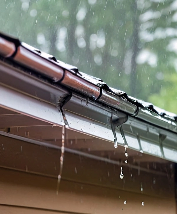 Vertical shot of a home's gutter system overflowing during a rainstorm, illustrating the need for effective gutter protection.