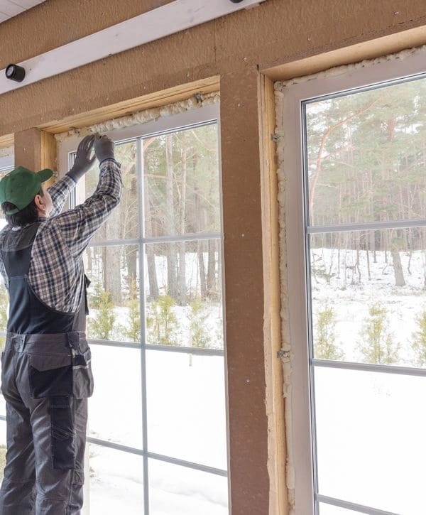 A worker applying expanding insulation foam around the edges of energy efficient windows to seal out the cold winter air visible outside.