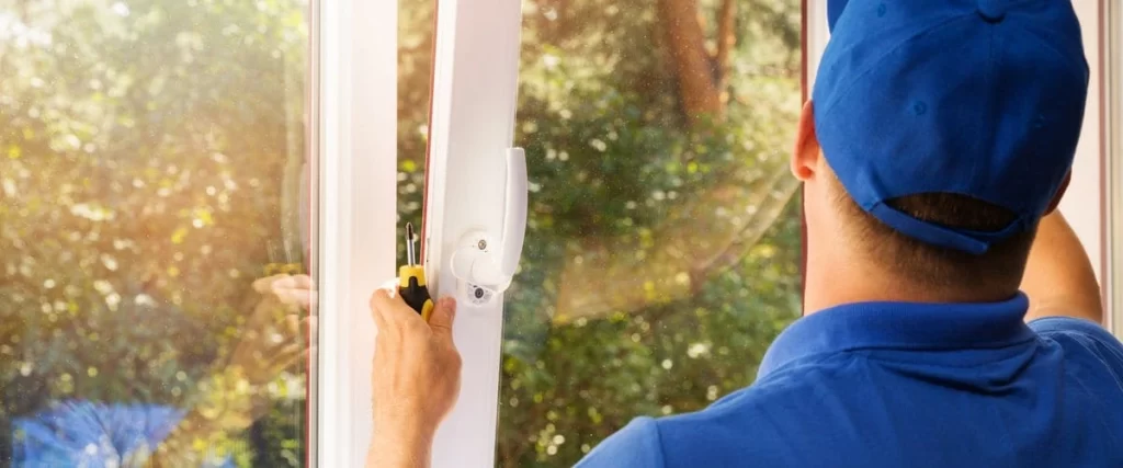 Close-up of a service technician wearing a blue cap using a yellow screwdriver to adjust the handle mechanism on an open white uPVC window.