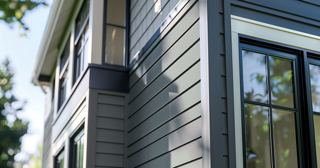 A detailed close-up comparison of LP SmartSide vs James Hardie lap siding installed on a modern residential home featuring dark grey planks and black window frames.
